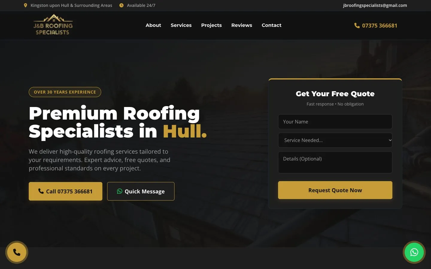 J&B Roofing Specialists website homepage