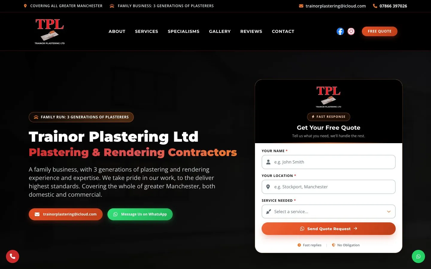 Trainor Plastering website homepage